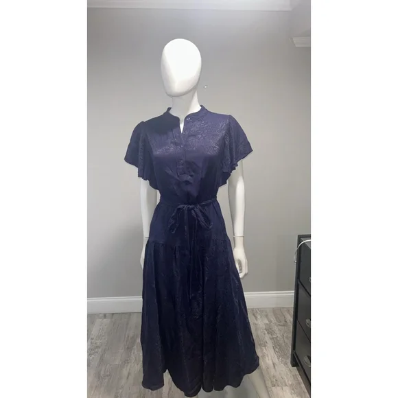 Women's Shoshanna Navy Jacquard Ruffle Sleeve Belted Midi Dress Size 6 - Picture 6 of 12